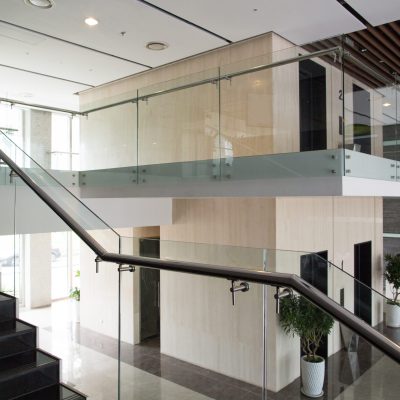 Modern interior design of office building. Empty lobby of condominium building. Two-level house design concept